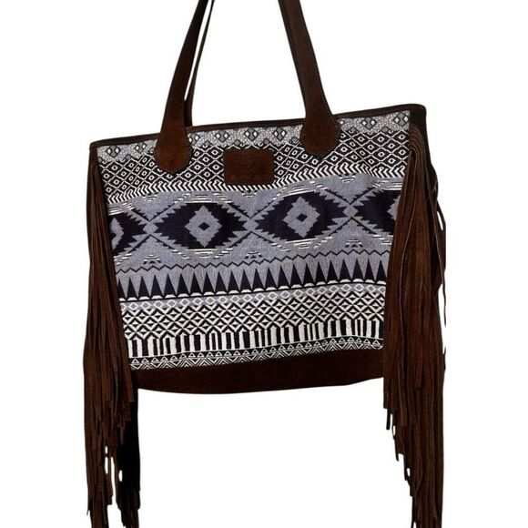 Ariat Madison Woven Concealed Carry Blue Brown Tote Bag Aztec Suede Fringe Large - Picture 4 of 10